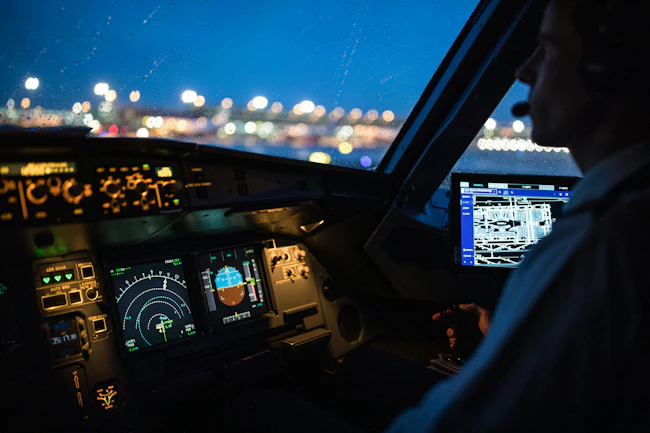 A pilot in a cockpit at night