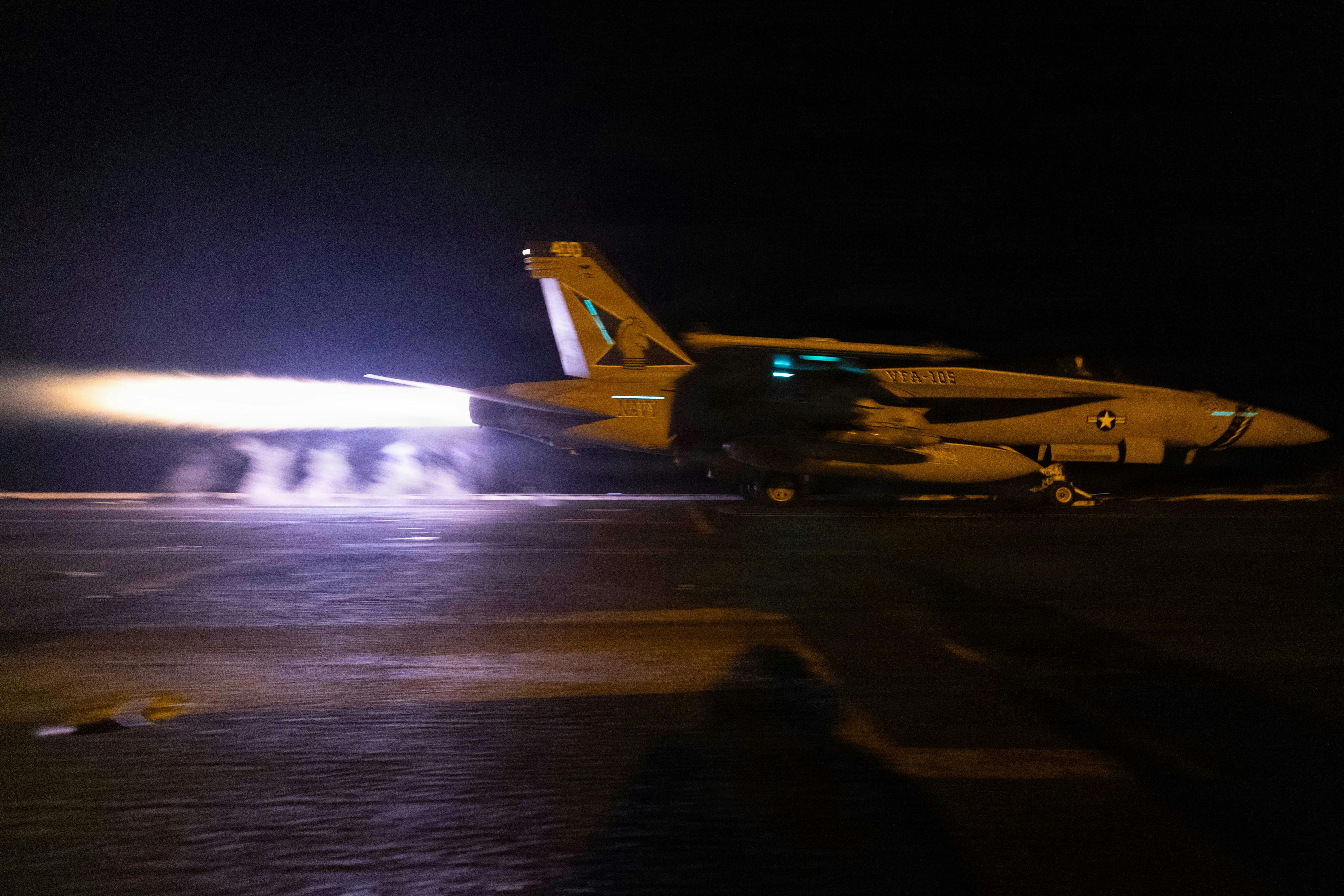 An F/A-18E Super Hornet, attached to Strike Fighter Squadron (VFA) 105, launches on the flight deck of Nimitz-class aircraft carrier USS George H.W. Bush (CVN 77) while sailing in the Arabian Sea. U.S. Navy photo.