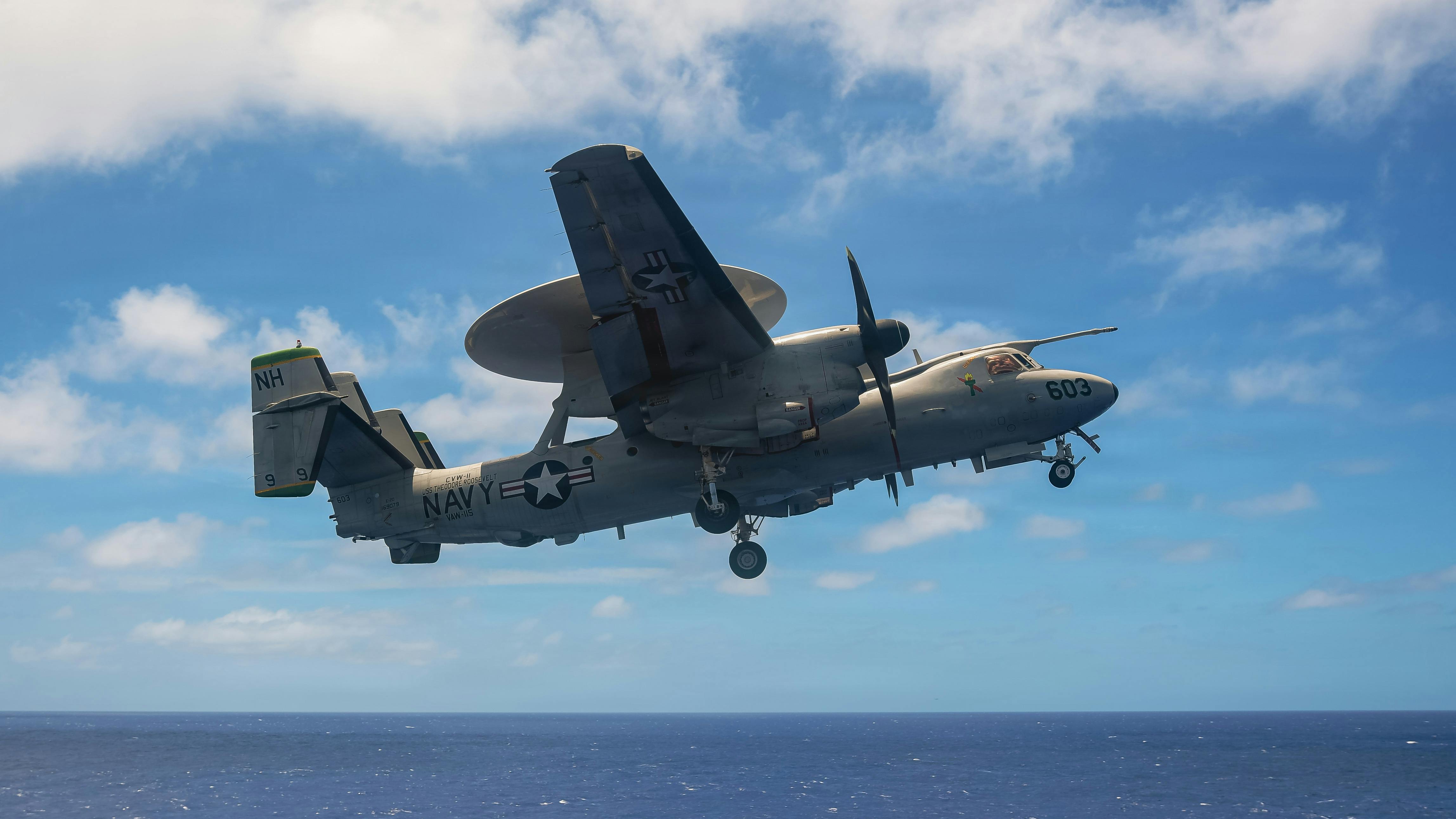 U.S. Navy E-2D Advanced Hawkeye, assigned to Airborne Command and Control Squadron (VAW) 115, takes off from the flight deck of the Nimitz-class aircraft carrier USS Theodore Roosevelt. U.S. Navy photo by Mass Communication Specialist Seaman Tyler Harstad.