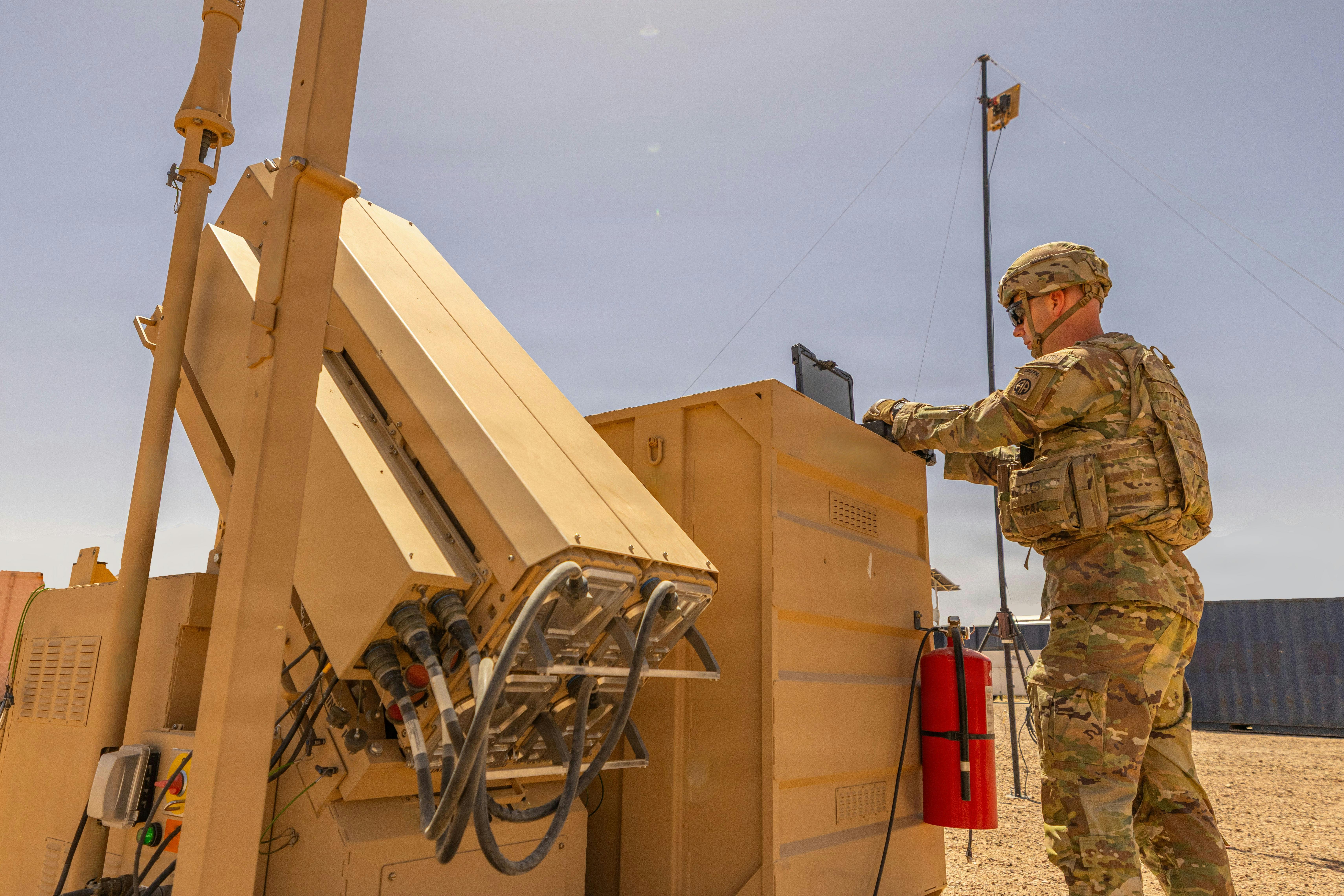 A U.S. Army paratrooper works with a Coyote counter-uncrewed aircraft system (C-UAS) in the Middle East. The Coyote enables soldiers to detect, track, and defeat adversarial UASs in support of force protection operations. U.S. Army photo.