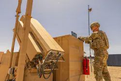 A U.S. Army paratrooper works with a Coyote counter-uncrewed aircraft system (C-UAS) in the Middle East. The Coyote enables soldiers to detect, track, and defeat adversarial UASs in support of force protection operations. U.S. Army photo.