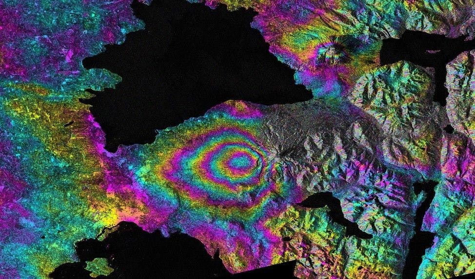 Synthetic aperture radar (SAR) refers to a technique for producing fine-resolution images from a resolution-limited radar system. It requires that the radar be moving in a straight line, either on an airplane or, as in the case of NISAR, orbiting in space. NASA image.
