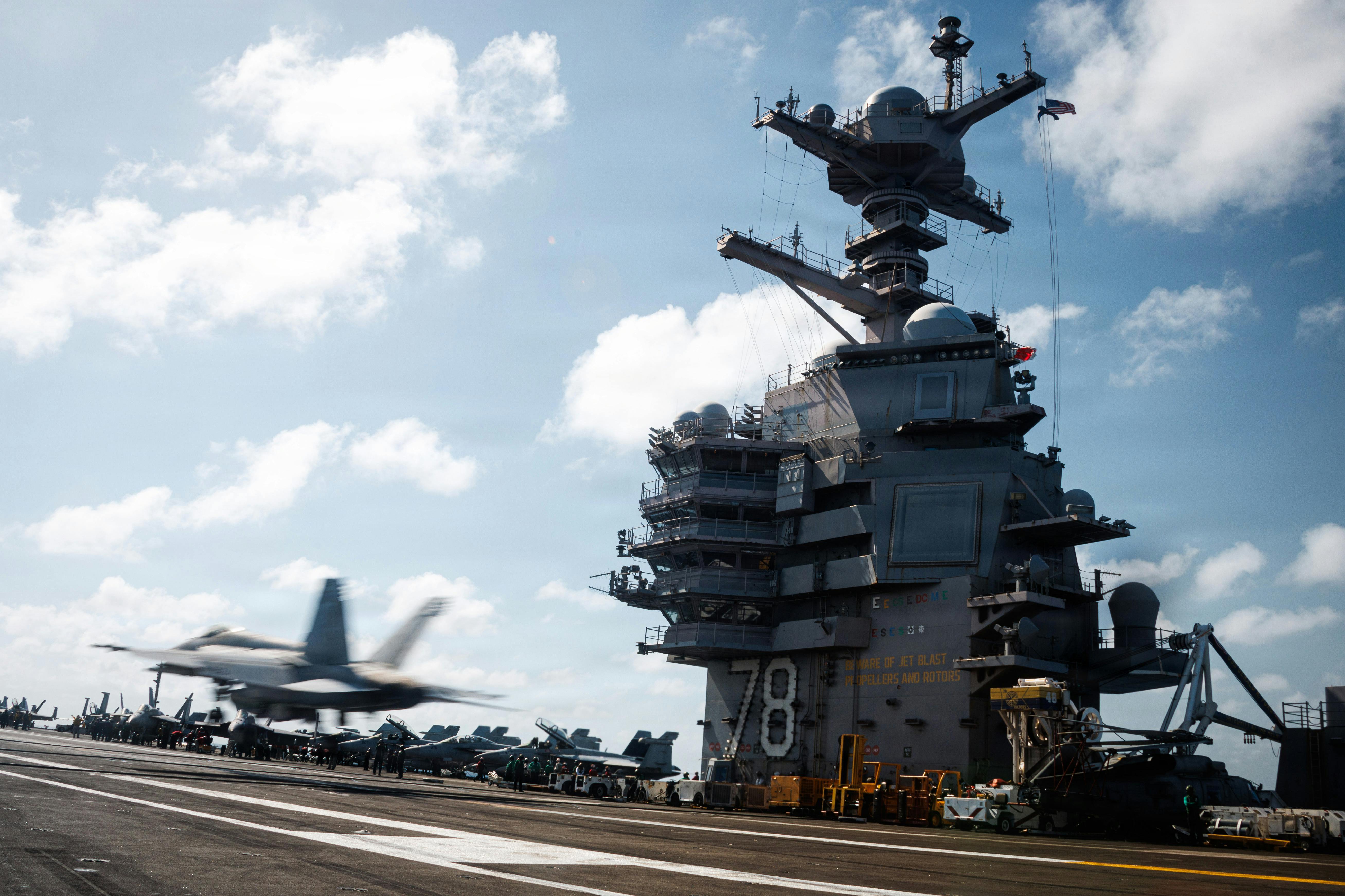 An F/A-18E Super Hornet aircraft, attached to Strike Fighter Squadron 87, lands on the flight deck of the aircraft carrier USS Gerald R. Ford (CVN 78), while underway in the Caribbean Sea. U.S. Navy photo.
