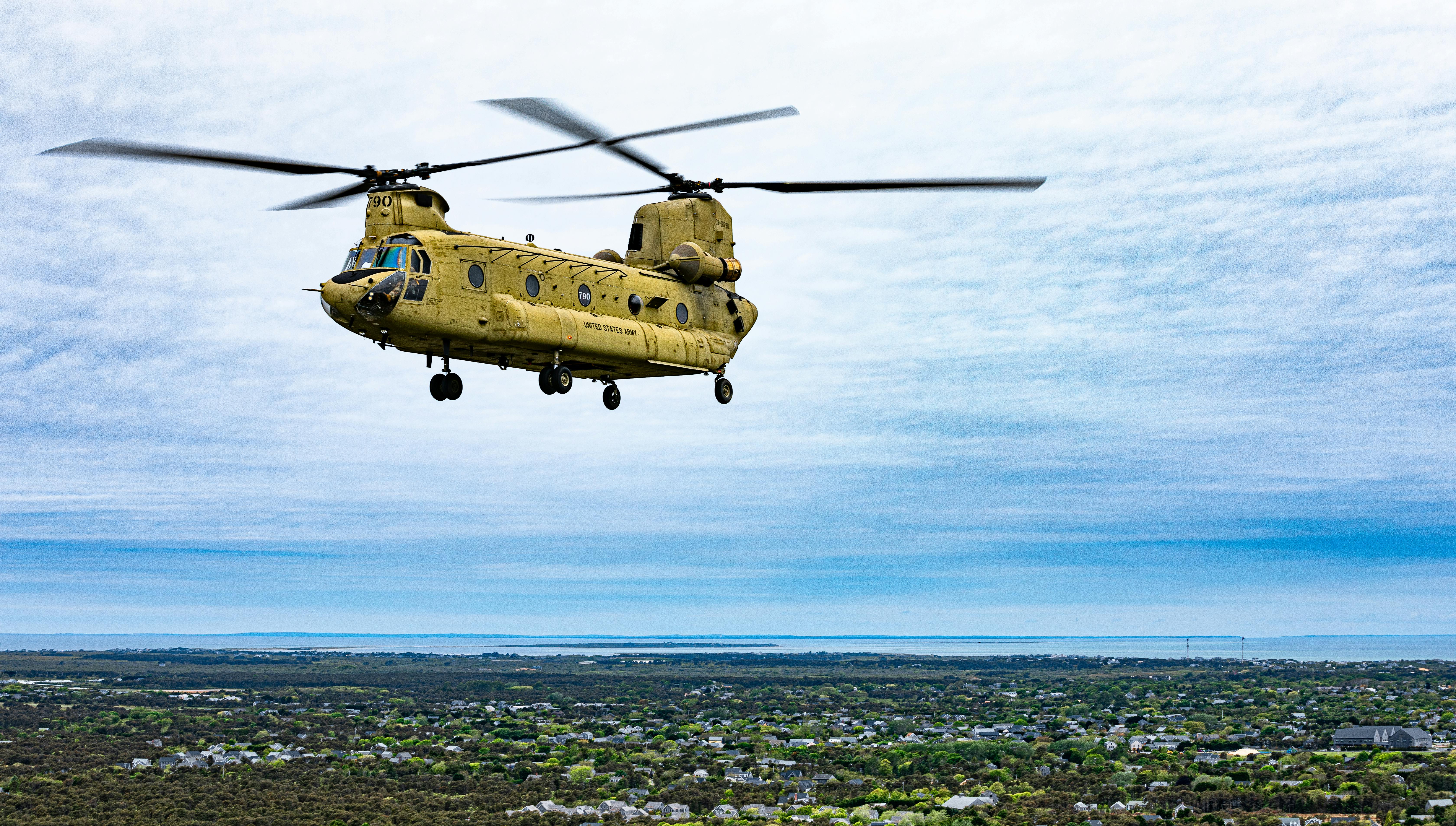 A CH-47F Chinook helicopter from the Connecticut Army National Guard flies over Nantucket, Mass. The CH-47F Chinook helicopter features a Common Avionics Architecture System (CAAS) cockpit. U.S. Army photo by Sgt. Matthew Lucibello.