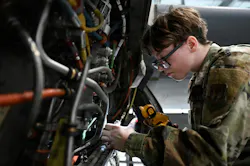 U.S. Air Force Senior Airman Heather Cummings, 86th Aircraft Maintenance Squadron aerospace inspection journeyman, reinstalls electrical connectors on a C-130J Super Hercules at Ramstein Air Base, Germany. U.S. Air Force photo by Airman 1st Class Rebecca Harima.