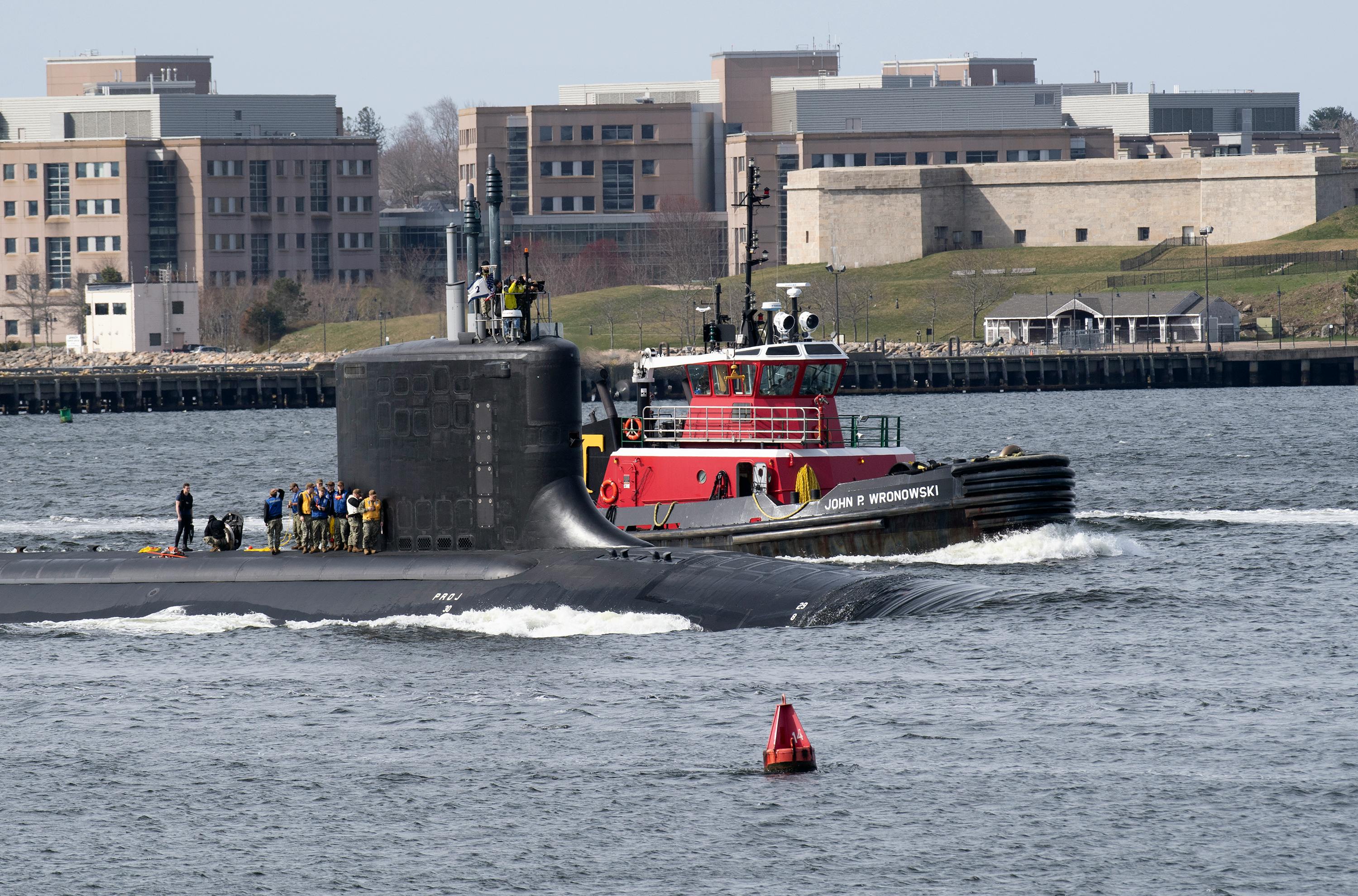 USS Virginia (SSN 774), the first in the newest class of fast-attack submarines, makes its way up the Thames River and past Fort Trumbull in 2023 following a change of homeports from Portsmouth Naval Shipyard in Kittery, Maine, to Naval Submarine Base New London in Groton, Conn. U.S. Navy Photo by John Narewski.