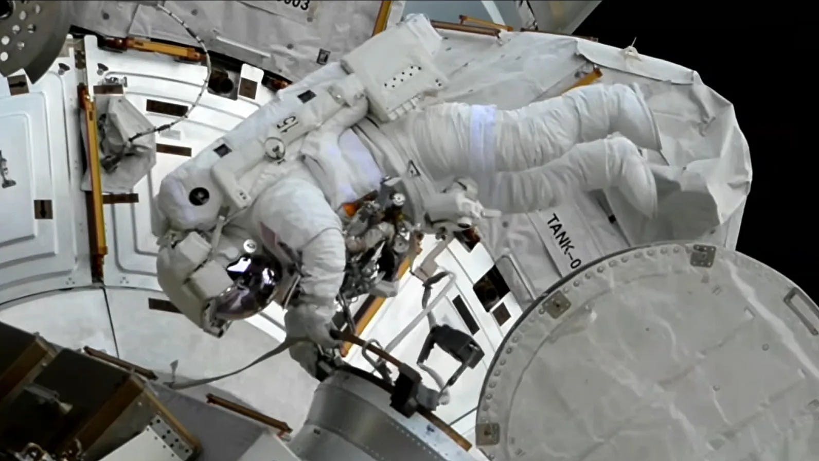 NASA astronaut Jessica Meir prepares to enter the Quest airlock and complete a spacewalk outside the International Space Station. NASA photo.