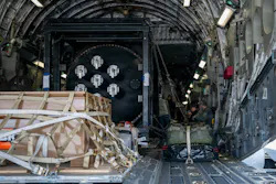 U.S. Air Force Airmen assigned to the 452nd Logistics Readiness Squadron Aerial Port Flight at March Air Reserve Base, California, support loading operations of a next-generation nuclear reactor onto a C-17 Globemaster III. U.S. Air Force photo by Technical Sergeant Kekoa Santiago.