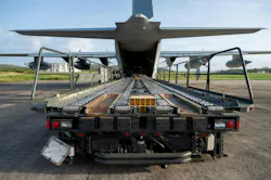 U.S. Marine Corps lance corporals and loadmasters, assigned to the 2nd Marine Aircraft Wing, prepare to offload cargo as part of a resupply run with Contingency Response Element Airmen assigned to the 621st Contingency Response Wing at Jose Aponte De La Torre Airport in Ceiba, Puerto Rico. USAF photo.