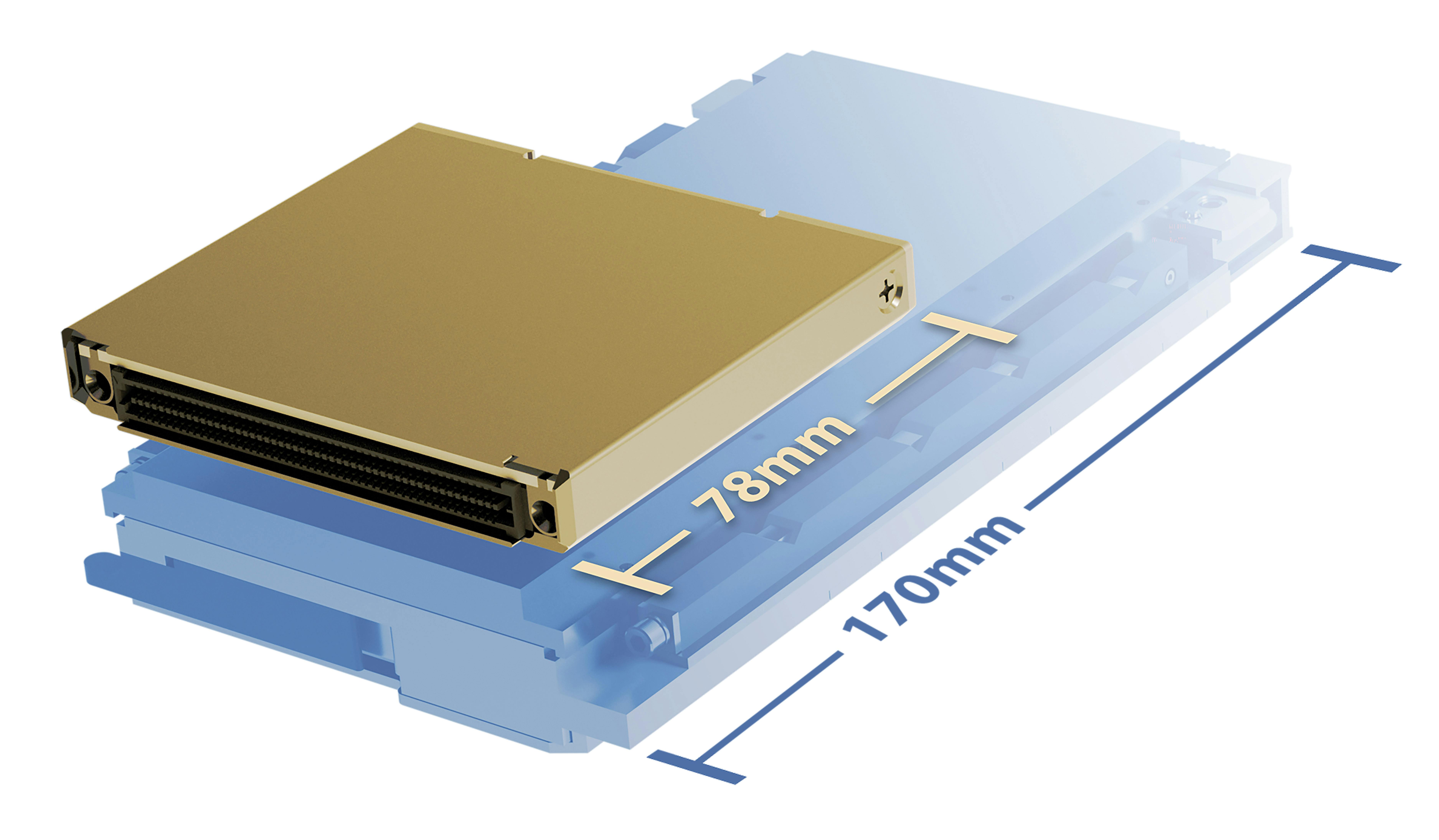 Size comparison of a VITA 90 VNX+ module and 3U VPX card, illustrating the VNX+ compact form factor.