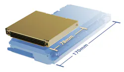 Size comparison of a VITA 90 VNX+ module and 3U VPX card, illustrating the VNX+ compact form factor.