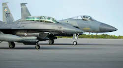 An F-16 and F-15 assigned to Eglin Air Force Base, Florida, prepare for a previous test of a datalink between two infrared search and track (IRST) pods. U.S. Air Force photo.