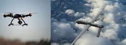 At left, an example of Group 1 & 2 drones. On the right, the MQ-1 Predator, an example of Groups 4 & 5 drones