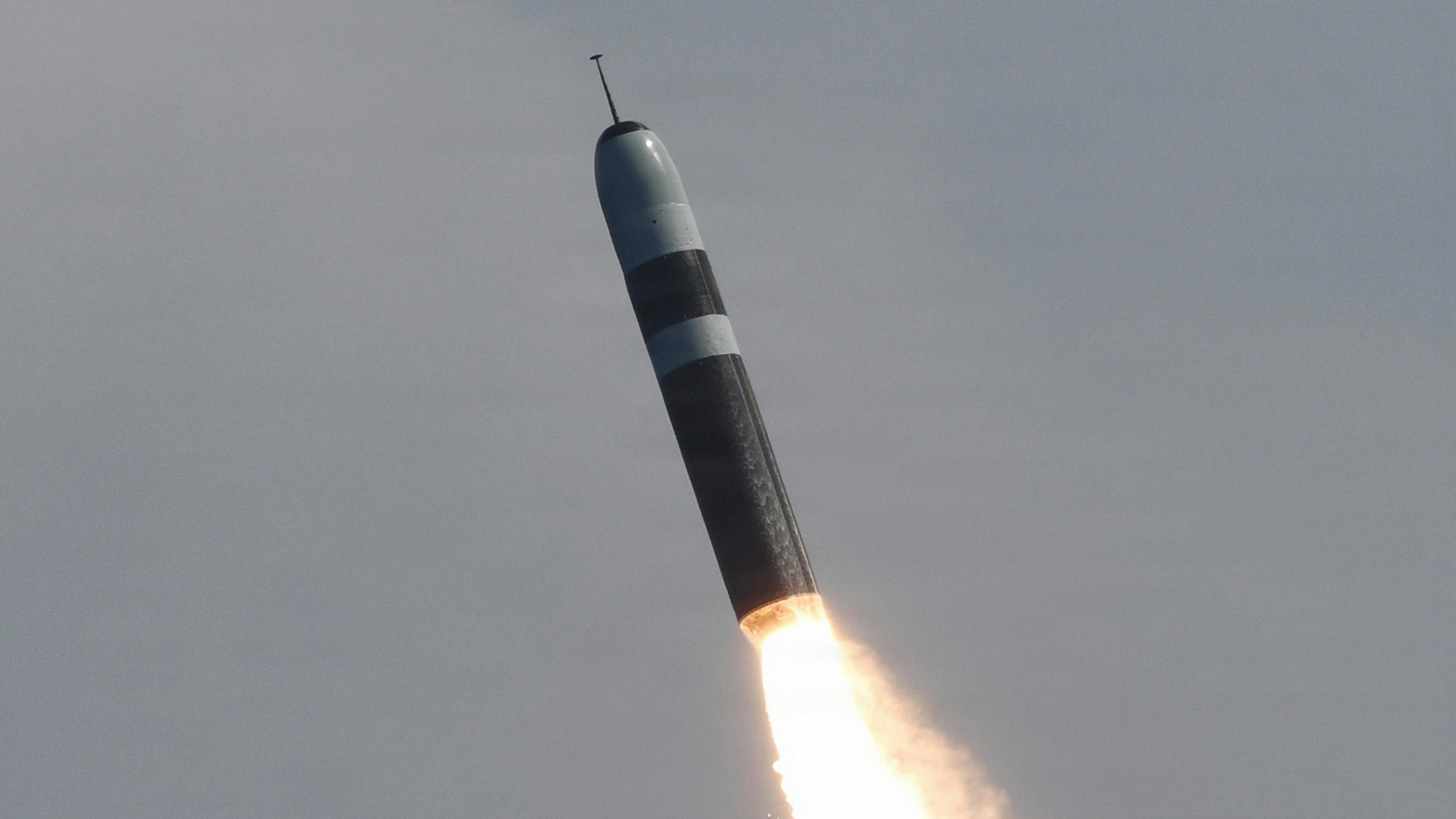 An unarmed Trident II D5 Life Extension (D5LE) missile launches from an Ohio-class ballistic missile submarine (SSBN) off the coast of Florida. U.S. Navy Photo.
