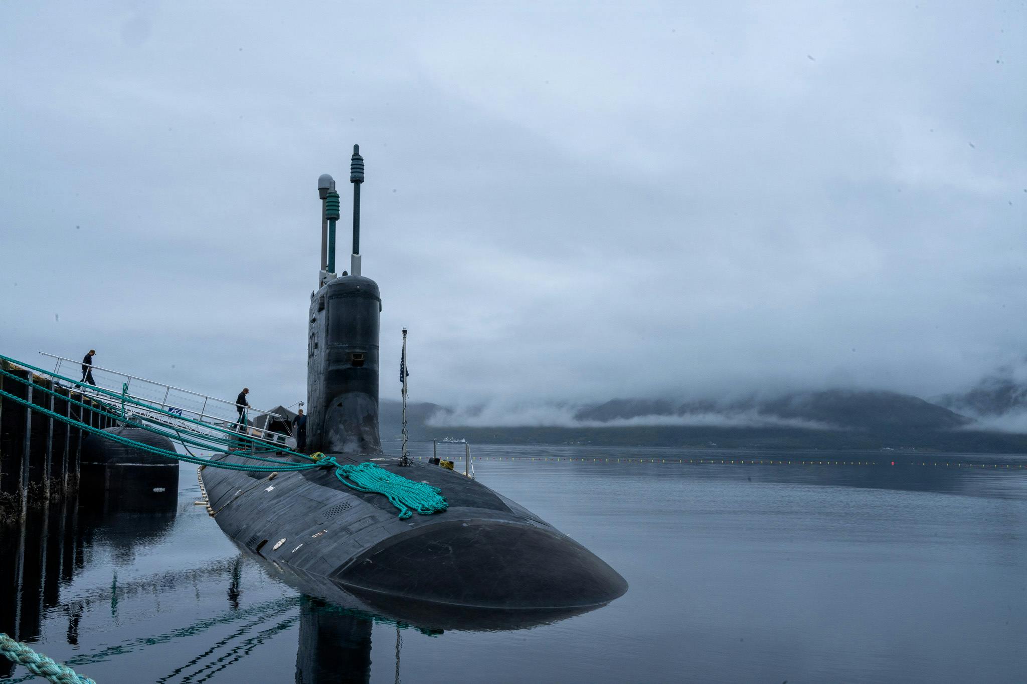 Sailors board the Virginia-class fast-attack submarine USS Delaware (SSN 791) during a scheduled port visit in Gr&oslash;tsund, Norway. U.S. Navy photo by Mass Communication Specialist 1st Class Austin Ingram.