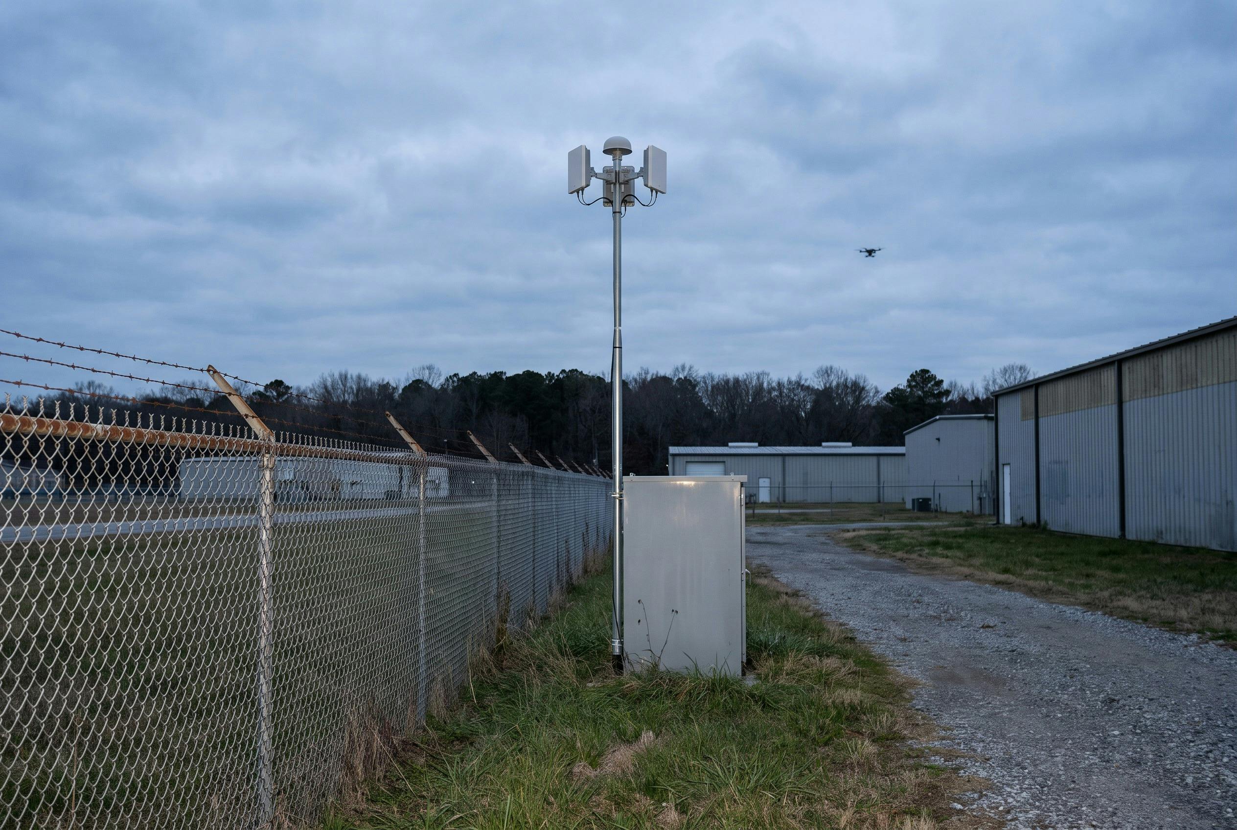 A site perimeter: a fence line, a slim mast carrying two panel antennas and a dome, an equipment cabinet, and a small quadcopter in the distance. No real site is depicted.