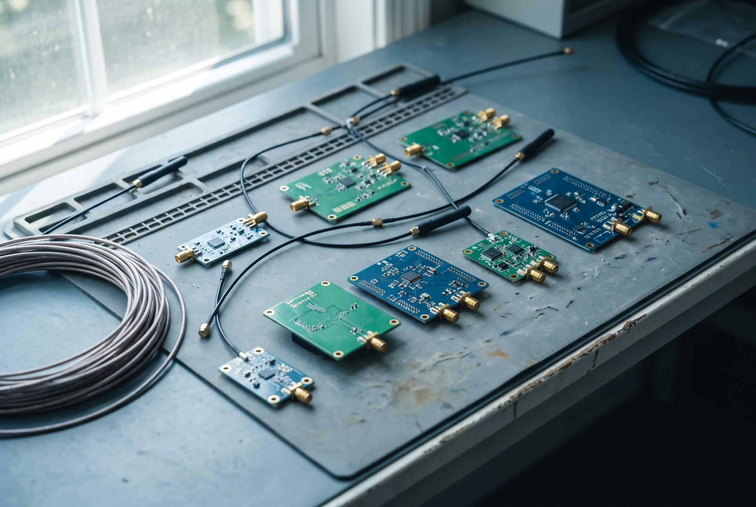 An evaluation bench with several bare radio boards, coaxial leads and small antennas, the hardware a receiver selection compares. No real product or site is depicted.
